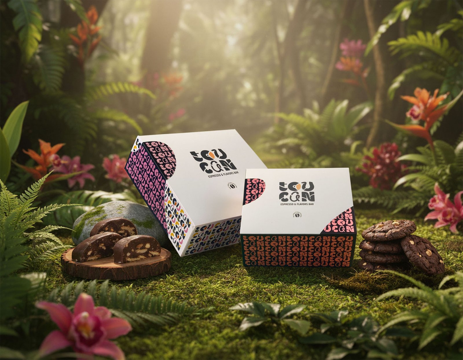 Toucan Packaging with 3 pieces of sweet cocoa pod in a jungle enviroment and synthesis made with AI
